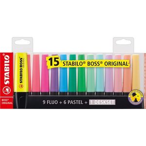STABILO BOSS ORIGINAL - Markeerstift - 15 Stuks Deskset - 9 Kleuren + 6 Pastel Kleuren