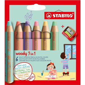 STABILO Woody 3 in 1 - Multitalent Kleurpotlood - Etui Met 6 Pastel Kleuren Incl. Puntenslijper