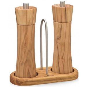 Zassenhaus 0000036060 Peper- en zoutonderzetterset met handvat olijfhout, roestvrij staal, bruin, 15 x 10 x 8 cm