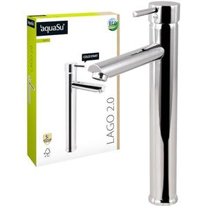 aquaSu® Wastafelkraan Lago 2.0, eengreepsmengkraan met waterbesparende mengsproeier, koudwaterbepaling, standaard bevestiging, kraan voor opzetwastafel, messing kern, verchroomd, 795647