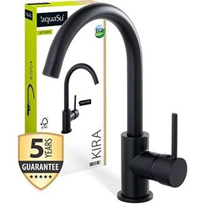 aquaSu® Wastafelarmatuur Kira met waterbesparende cartridge, kostenbesparende koudwaterbepaling, hoge uitloop, keramische cartouche, schachtbevestiging, messing kern, zwart, 797924
