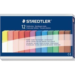 STAEDTLER Wandbordkrijt, uitstekende kleurafgifte, stofvrij, gemakkelijk af te vegen, kartonnen etui met 12 op kleur gesorteerde krijtborden, 2360