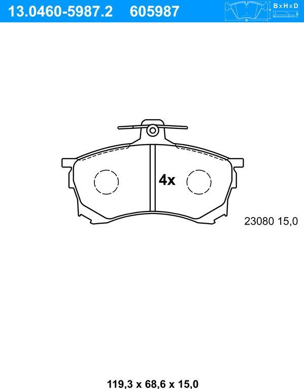 Mitsubishi - Remblokken Set - Voor - Set van 4 - 119,3 mm breed - 68,6 mm hoog - 15 mm dik