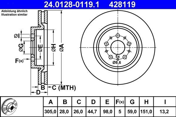 Alfa Romeo - Ate 24.0128-0119.1 - Remschijf - Geventileerd - Voor