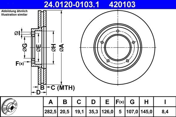 ATE - Remschijf - Geventileerd - Vooras - 282,5 mm - 5 gaten