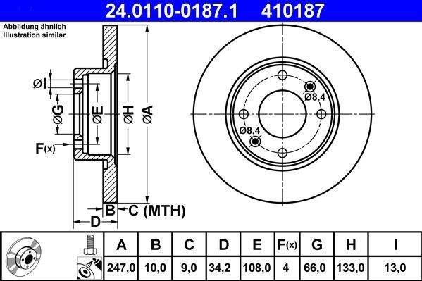 ATE - Remschijf - Gecoat - Vooras Achteras - 247 mm Buitendiameter - 4 Gaten