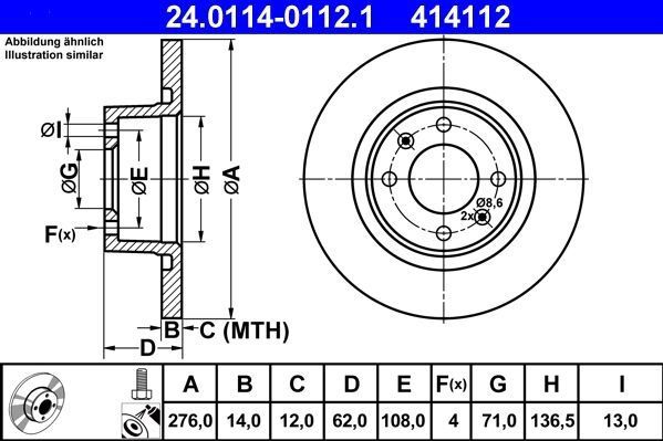 Citroen - Remschijf - Achter - Gecoat - Buitendiameter 276 mm - Dikte 14 mm