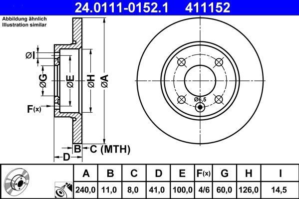 ATE - Remschijf - Gecoat - Vooras - OPEL, VAUXHALL - 240 mm - 11,0 mm