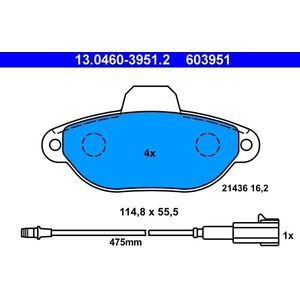ATE - Remblokkenset - Vooras - Set assen - Incl. Slijtageindicator - 13.0460-3951.2
