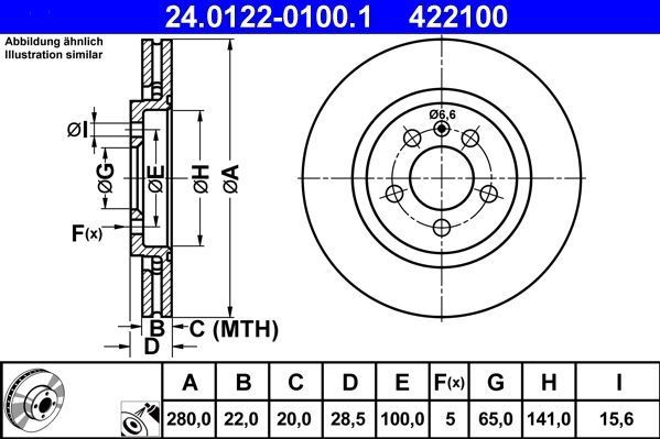 ATE - Remschijf - Geventileerd - Vooras - 280 mm - 22 mm Dikte - Geschikt voor VW en SEAT