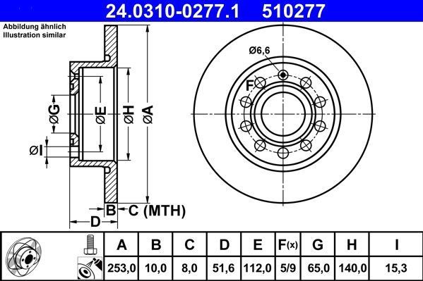 ATE - PowerDisc - Remschijf - Achteras - Gecoat - 253 mm - 5 gaten