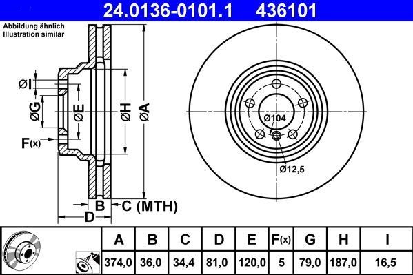 Ate - 24.0136-0101.1 - Remschijf - Voor - Geventileerd - Buitendiameter 374 mm