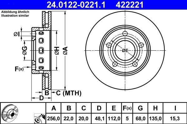 ATE - Remschijf - Geventileerd - Achteras - Voor VW en AUDI - 256 mm Buitendiameter