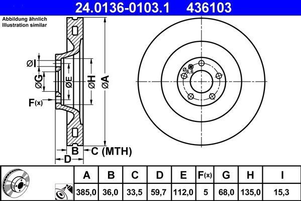ATE - Remschijf - Geventileerd - 385 mm - Vooras - 5 gaten