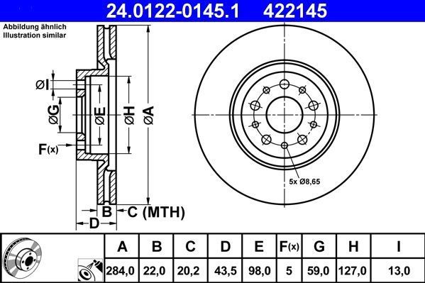 ATE - Remschijf - Geventileerd - Vooras - 284 mm - Gecoat
