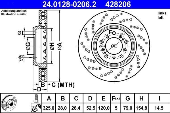 ATE - Remschijf - Geperforeerd - Vooras Links - BMW 24.0128-0206.2 - 325 mm
