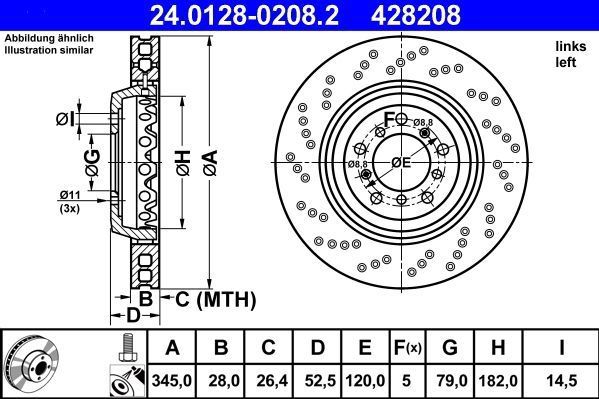 Ate - 24.0128-0208.2 - Remschijf - Voor - Geperforeerd - 345 mm - Gecoat