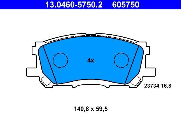 ATE - Remblokkenset - Vooras - Set assen - 140,8 mm breed - 59,5 mm hoog - 16,8 mm dik