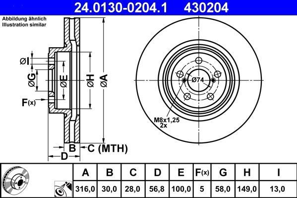 ATE - Remschijf - Geventileerd - Vooras - Gecoat - 316 mm - 30 mm dik
