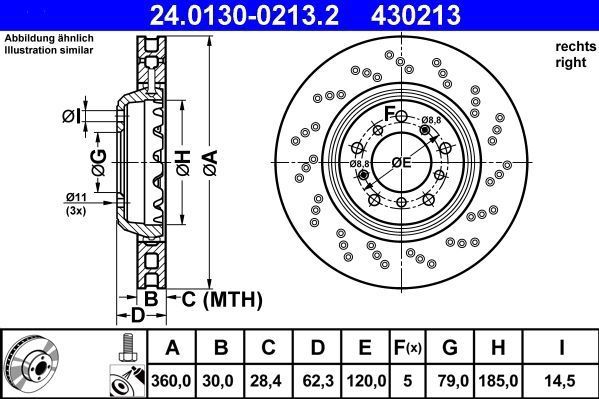 ATE - Remschijf - Geperforeerd - Vooras Rechts - BMW 24.0130-0213.2
