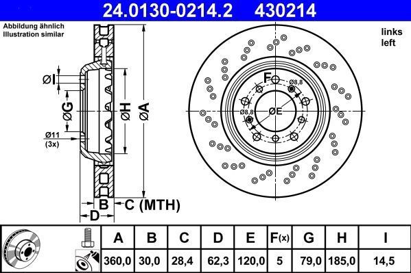 ATE - Remschijf - Geperforeerd - Vooras Links - BMW 24.0130-0214.2 - 360 mm