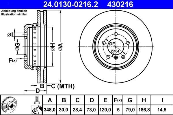 Ate - 24.0130-0216.2 - Remschijf - Geventileerd - Buitendiameter 348 mm - Hoogte 73 mm