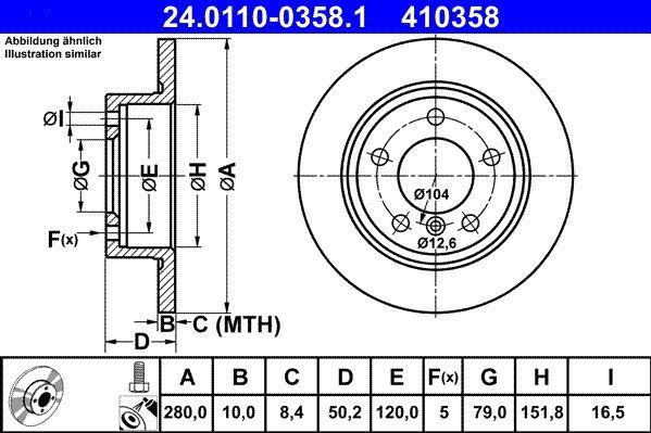 ATE - Remschijf - Gecoat - Achteras - 280 mm - 5 Gaten