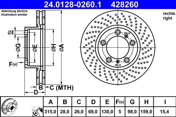 Porsche - Remschijf - Geperforeerd - Vooras Rechts - 315 mm Buitendiameter - 28 mm Dikte