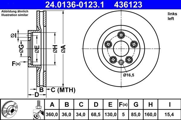 ATE - Remschijf - Geventileerd - Vooras Links - Buitendiameter 360 mm - Hoogte 68,5 mm