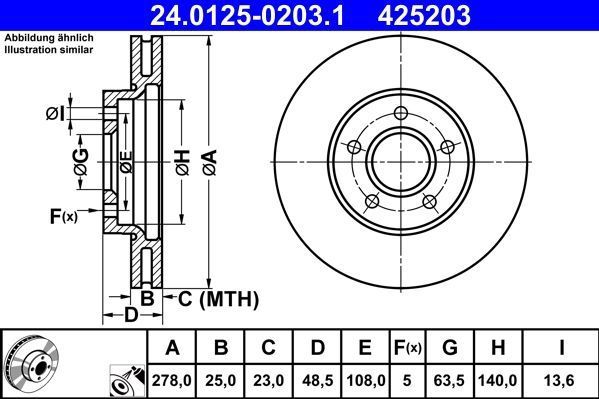 ATE - Remschijf - Geventileerd - Vooras - 278 mm - Gecoat - 5 gaten