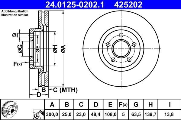 ATE - Remschijf - Geventileerd - Vooras - 300 mm - 5 gaten - Gecoat