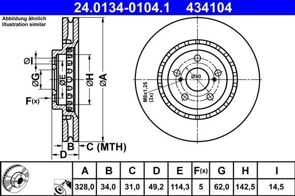Lexus - Ate 24.0134-0104.1 - Remschijf - Geventileerd - Gecoat - 328 mm
