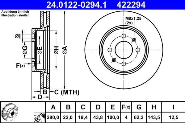 ATE - Remschijf - Geventileerd - Vooras - 280 mm - 4 gaten - Gecoat
