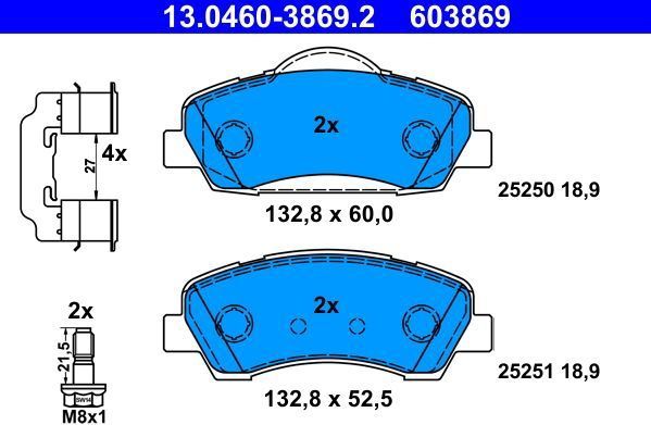ATE - Remblokkenset - Vooras - Set assen - 132,8 mm breedte - 18,9 mm dikte