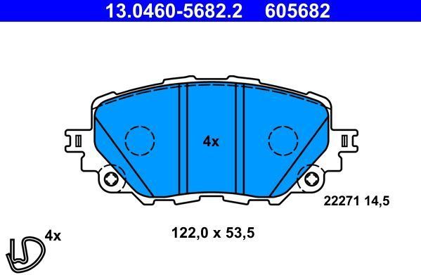 ATE - Remblokkenset - Vooras - 122 mm - 53,5 mm - 14,5 mm - Zonder Slijtage Indicator