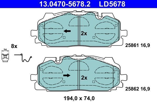 ATE - Remblokkenset - Vooras - 194 mm - 74 mm - 16,9 mm - Akebono