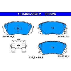 ATE - Remblokkenset - Vooras - Met Akoestische Slijtagewaarschuwing - 137,8 mm Breedte - 60,9 mm Hoogte - 17,4 mm Dikte
