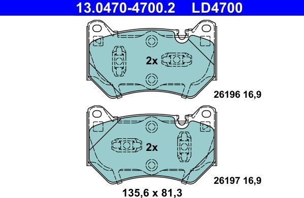 ATE - Remblokkenset - Vooras - Remsysteem Brembo - 135,6 mm breedte - 81,3 mm hoogte - 16,9 mm dikte