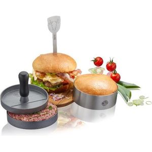 GEFU 3-delige hamburgerset: hamburgerpers, hamburgerring, hamburger spies, patty maker vorm, hamburgervorm, serveerring, barbecue