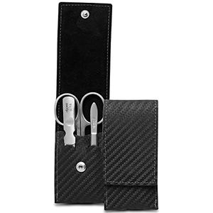 Nippes Solingen Manicure set 3-delig - RVS – KARBON - Zwart Lederen Etui - Handgemaakt - 25 jaar Garantie