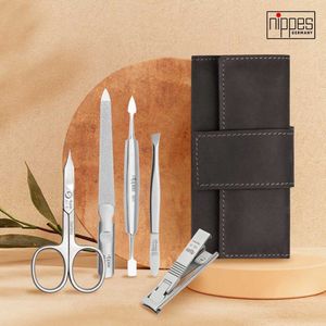 Nippes Solingen Manicure set 5-delig - RVS – TABARD - Zwart Leren Etui - Handgemaakt - 25 Jaar Garantie