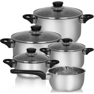 Pannenset - RVS - Zwart - Inclusief Glazen Deksels - Geschikt Voor Inductie