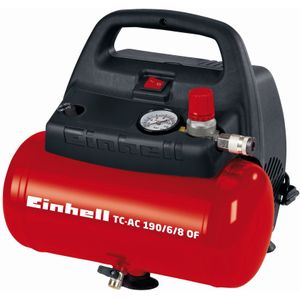 Einhell Compressor TC-AC 190/6/8 OF (max. 139 L/min, 8 bar, mobiele compressor met 6 L tank, ergonomisch ontwerp, kabelopwindsysteem, manometer en snelkoppeling, veiligheidsventiel, wateraflaatplug)