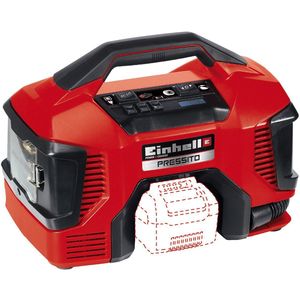 Einhell Accu Compressor PRESSITO Li Solo - Power X-Change - 18 V/Li-Ion - Aanzuigcapaciteit Hogedruk-/Lagedrukpomp: 21/380 l/min - Max. werkdruk hogedrukpomp: 11 bar - Incl. 3-delige adapterset - Excl. accu en lader