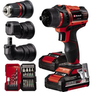 Einhell Accuschroefboormachine TE-CD 18/45 3X-Li+22 Power X-Change (18 V, 45 Nm, afneembare boorhouder, hoek- en excentrische inzetstuk, 22-delige bitset, 2 x 2,0 Ah accu, oplader + E-Box)