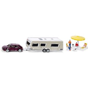 siku 2542, Car with Caravan, 1:55, Metal/Plastic, Multicolour, Incl. figures and camping equipment