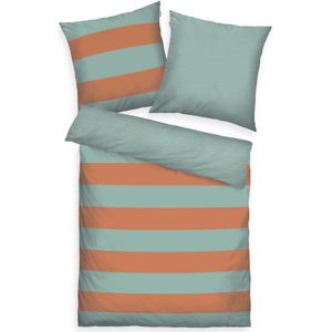 Herding TOM TAILOR Beddengoed Bold Stripes Warm Coral & Fresh Sage, 80 x 80 cm + 135 x 200 cm, 100% katoen/versterking, met wafelpatroon en gekleurde merkritssluiting
