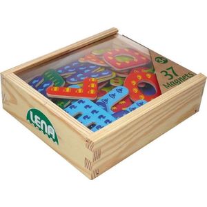 SIMM Spielwaren 65823 Magneet houten kist, met 37 magnetische houten letters in afsluitbare doos, magneetletterset voor kinderen vanaf 3 jaar, ABC-alfabet letters van hout, meerkleurig, klein