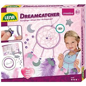 Lena 42699 Knutselset Dreamcatcher, complete set voor het knutselen van dromenvanger, met metalen ring, gekleurd papier, koord, lijm, draad, veren en hanger, wolk, maan en ster, set voor kinderen