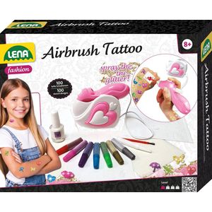 Lena 42443 Airbrush tattoo-studio met 100 sjablonen en 4 glitterkleuren, sprayset voor glittertatoeages op de huid, spuitstation voor kleurrijke kindertatoeages